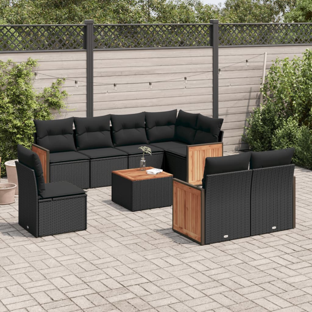 vidaXL 9 Piece Garden Sofa Set with Cushions Black Poly Rattan