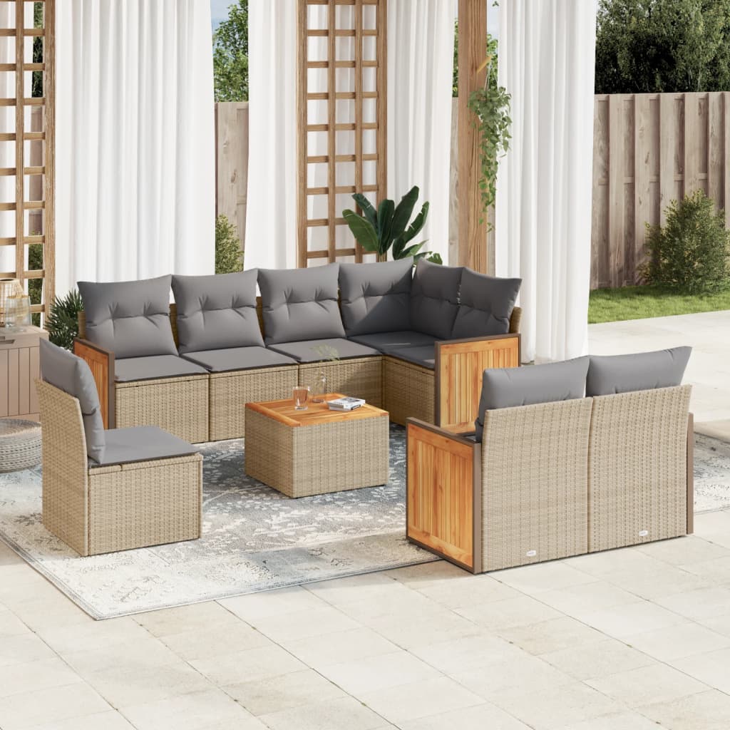 vidaXL 9 Piece Garden Sofa Set with Cushions Beige Poly Rattan