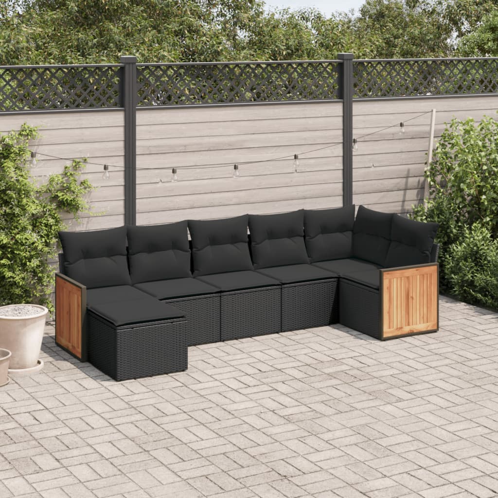 vidaXL 7 Piece Garden Sofa Set with Cushions Black Poly Rattan
