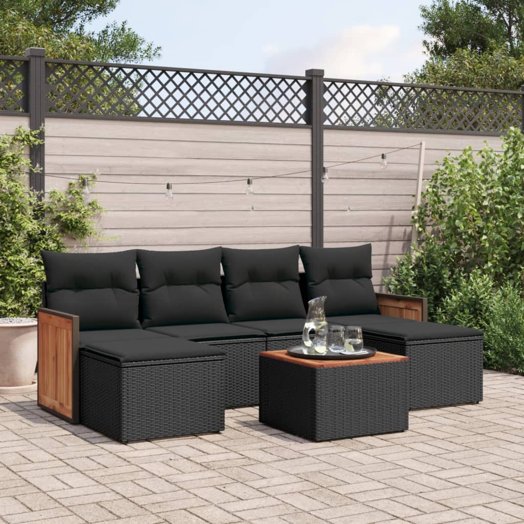 vidaXL 7 Piece Garden Sofa Set with Cushions Black Poly Rattan