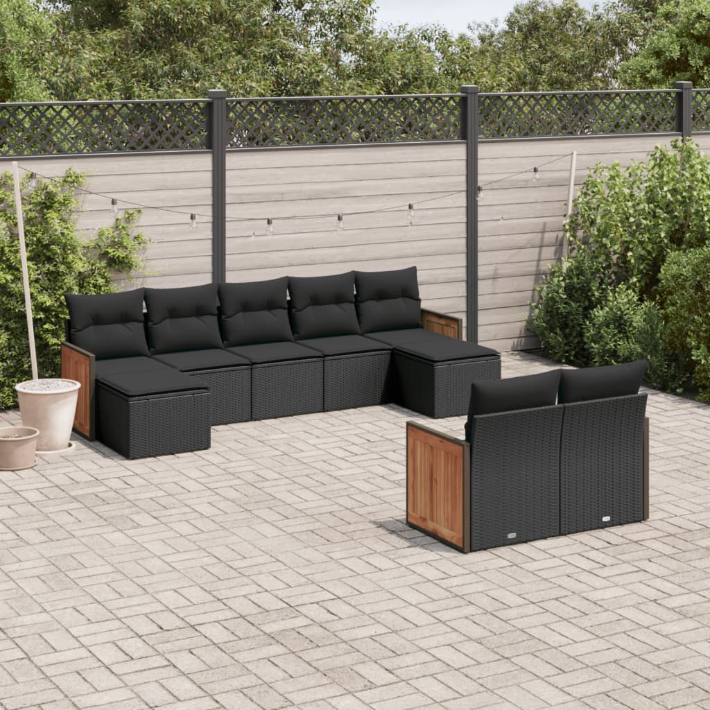 vidaXL 9 Piece Garden Sofa Set with Cushions Black Poly Rattan