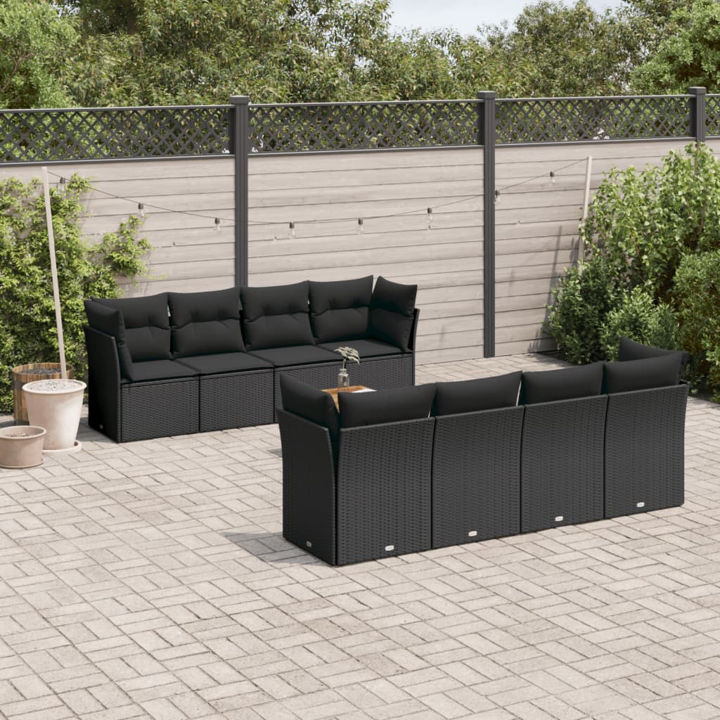 vidaXL 9 Piece Garden Sofa Set with Cushions Black Poly Rattan