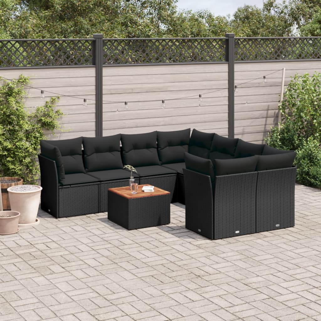 vidaXL 9 Piece Garden Sofa Set with Cushions Black Poly Rattan