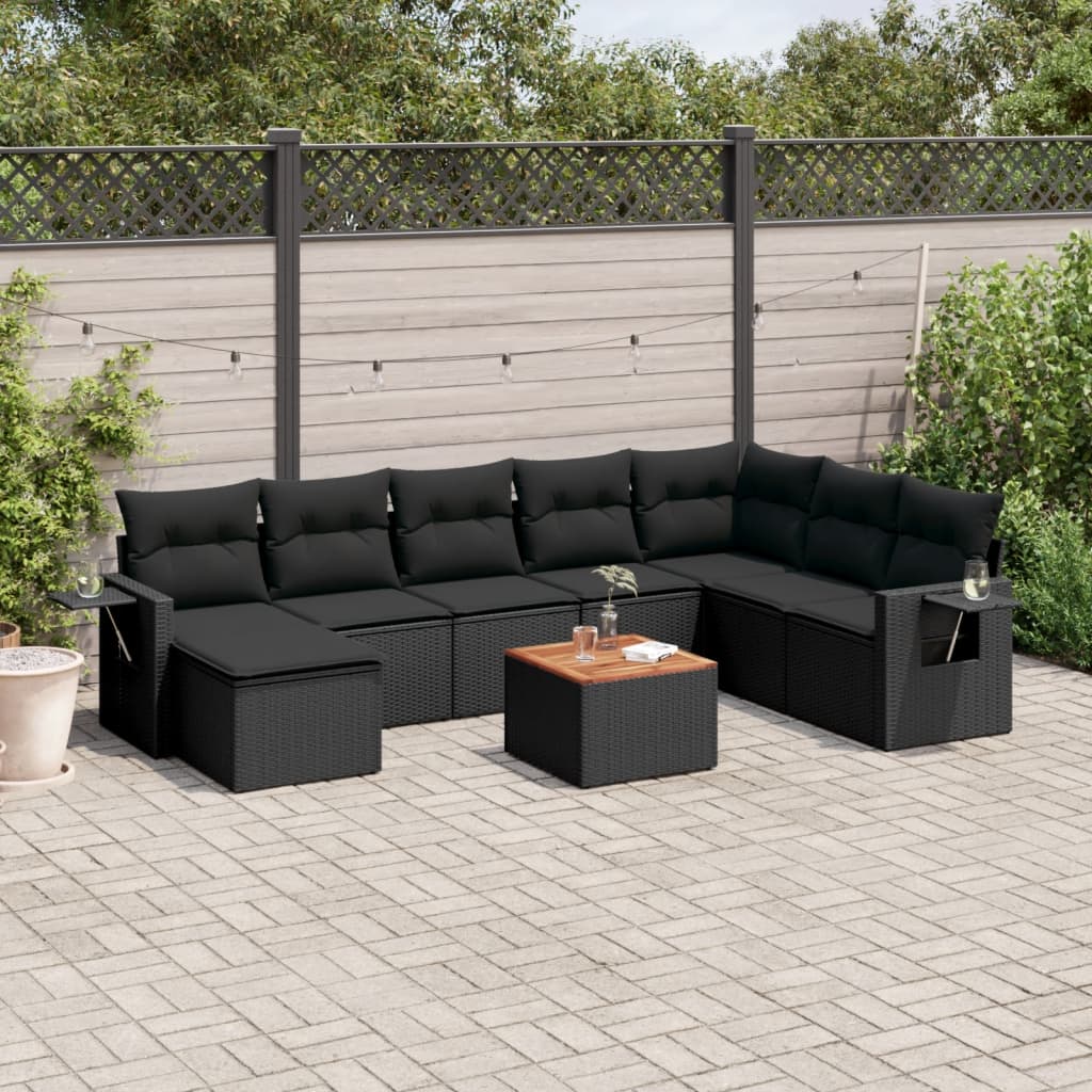 vidaXL 9 Piece Garden Sofa Set with Cushions Black Poly Rattan