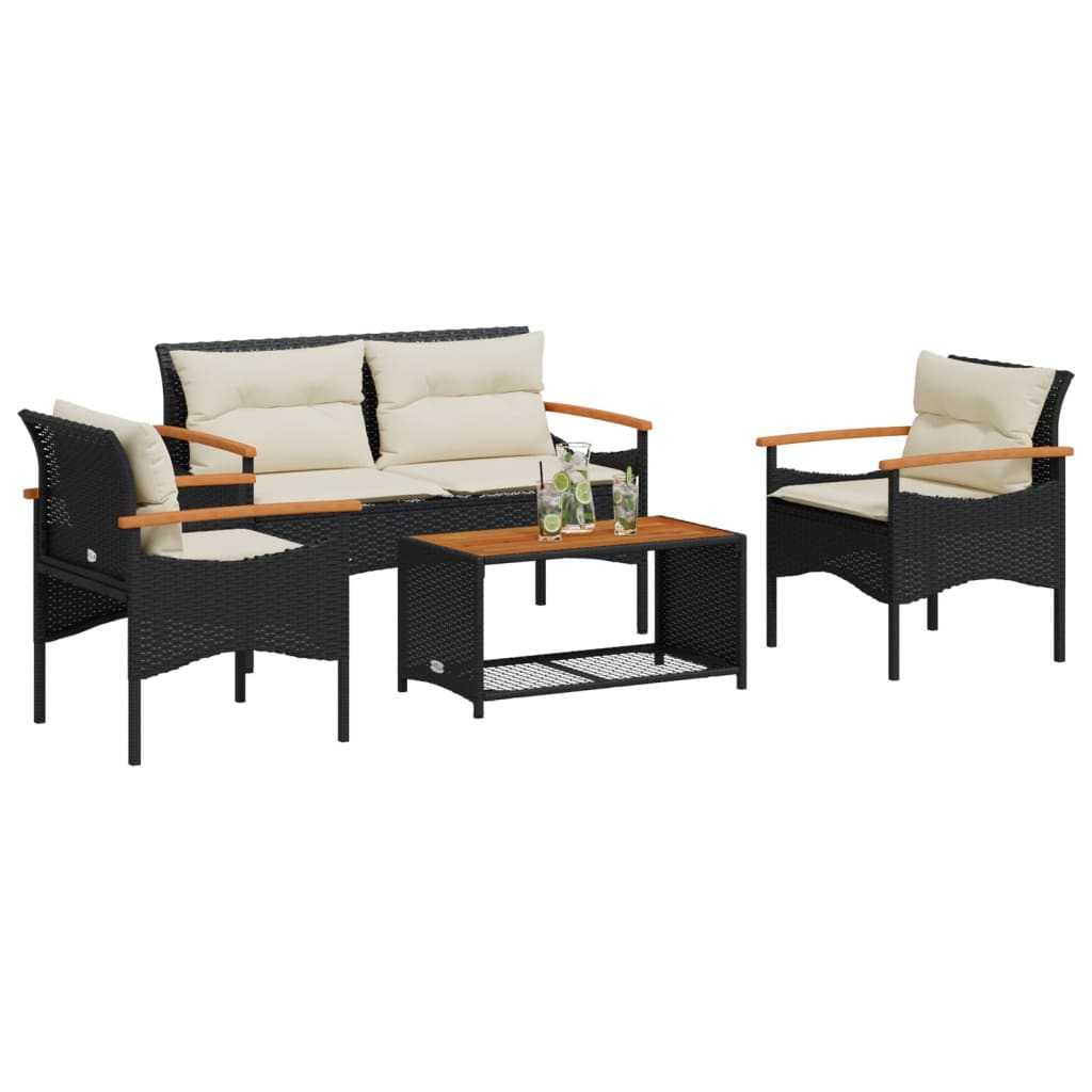 vidaXL 4 Piece Garden Sofa Set with Cushions Black Poly Rattan