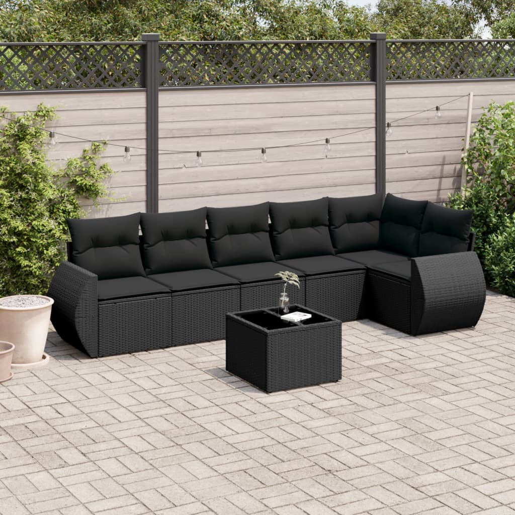 vidaXL 7 Piece Garden Sofa Set with Cushions Black Poly Rattan