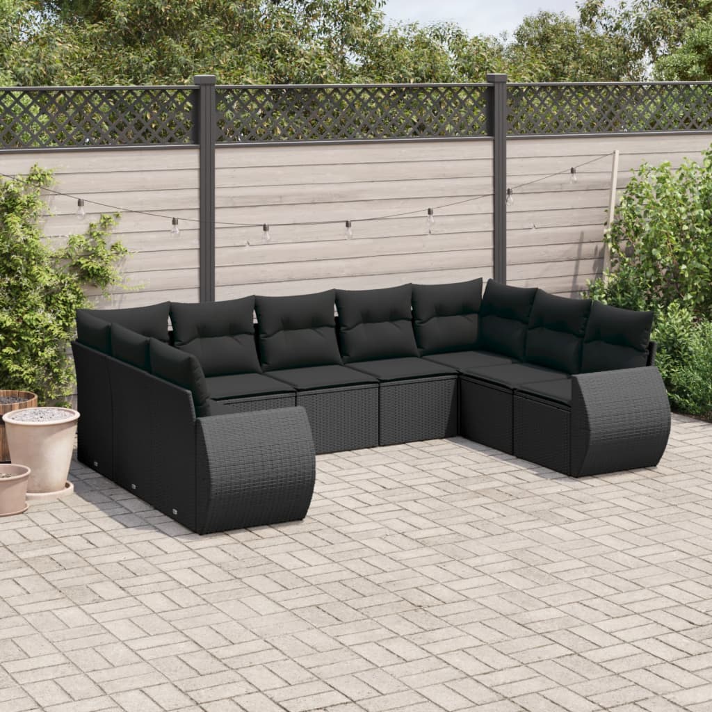 vidaXL 9 Piece Garden Sofa Set with Cushions Black Poly Rattan