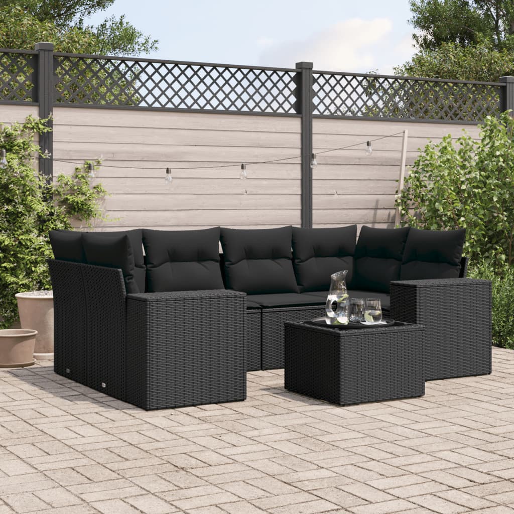 vidaXL 7 Piece Garden Sofa Set with Cushions Black Poly Rattan