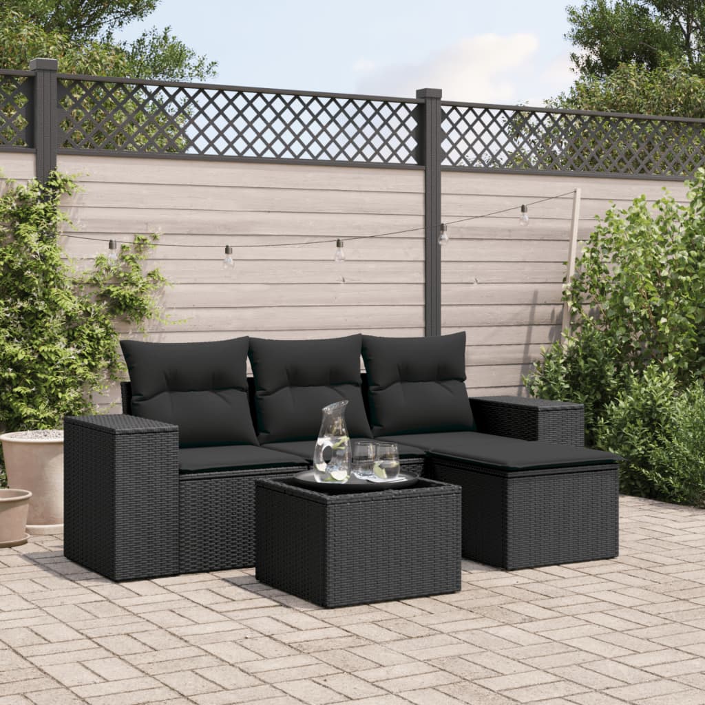 vidaXL 5 Piece Garden Sofa Set with Cushions Black Poly Rattan