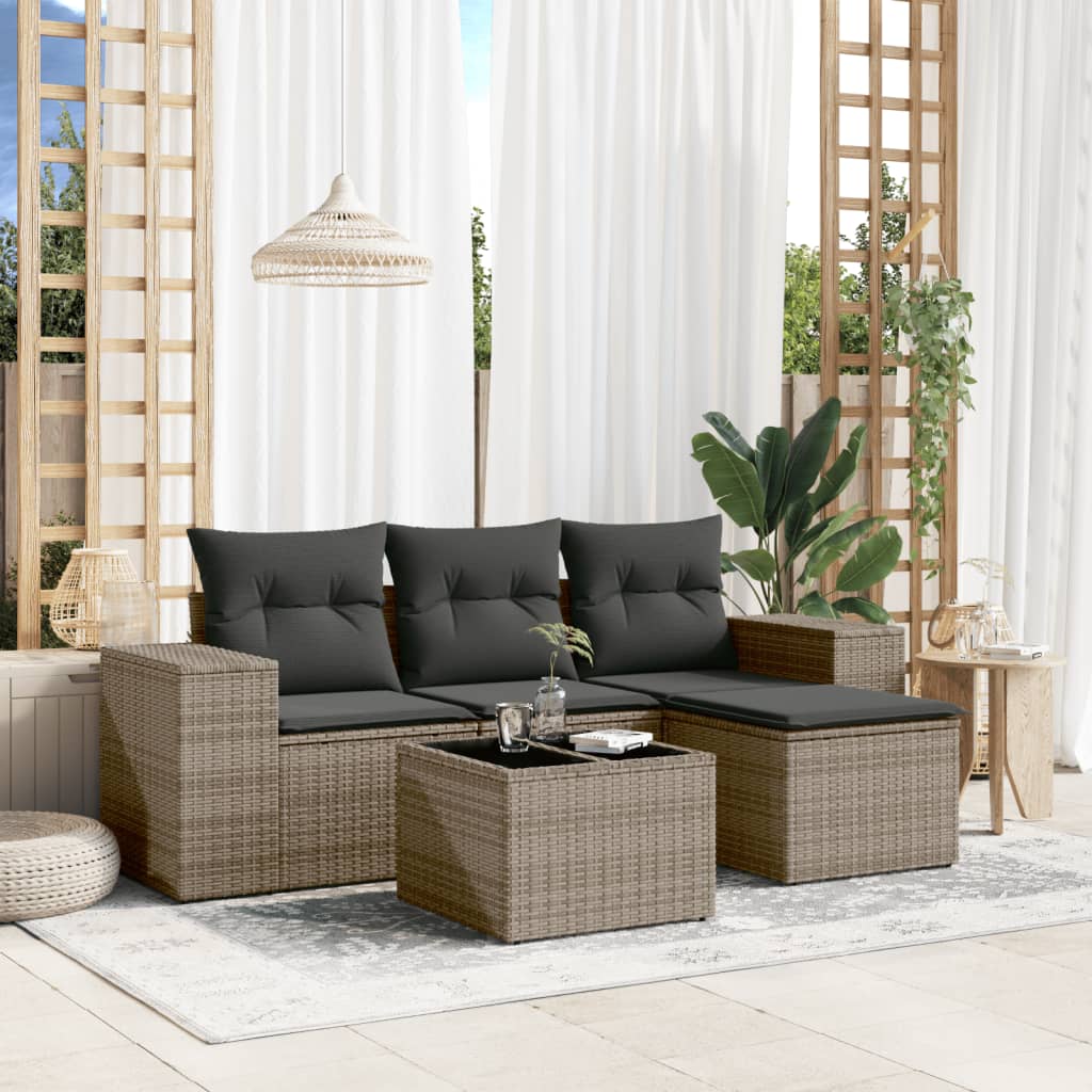 vidaXL 5 Piece Garden Sofa Set with Cushions Grey Poly Rattan