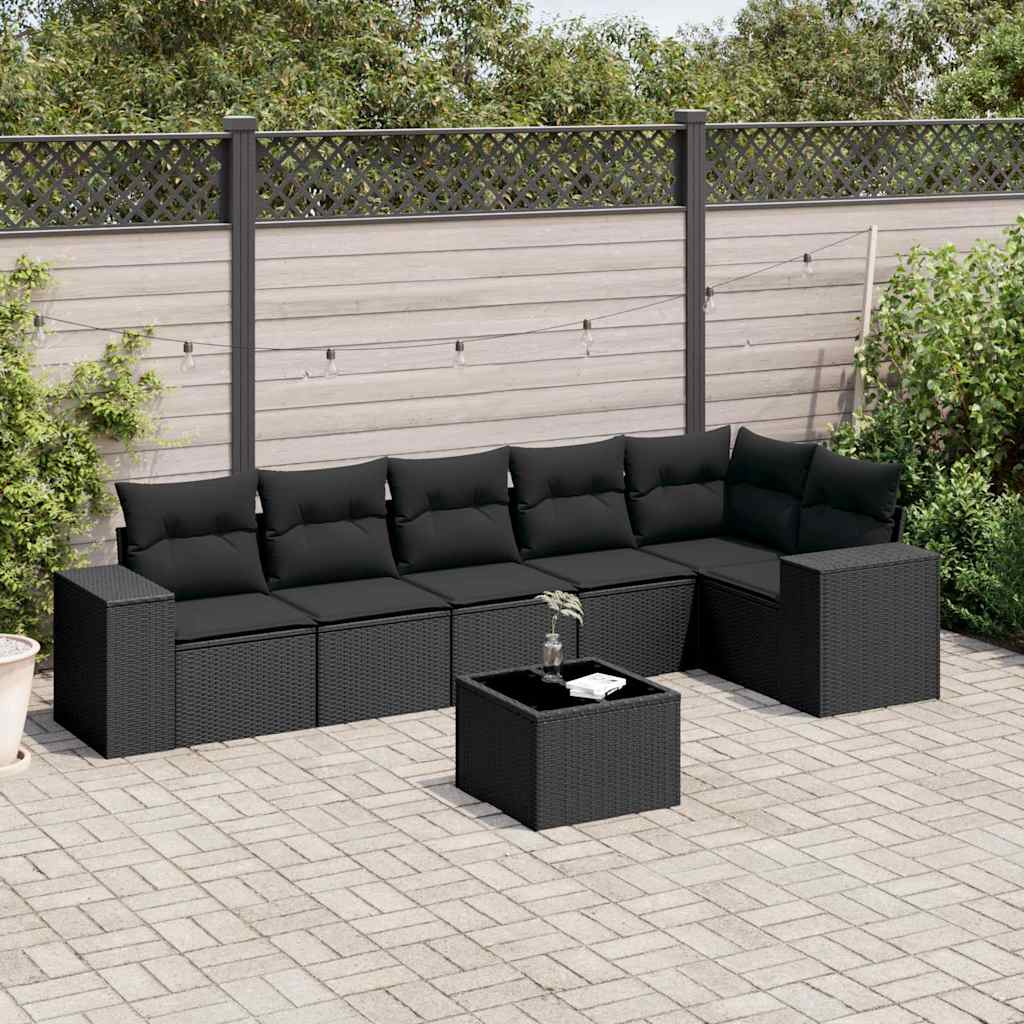 vidaXL 7 Piece Garden Sofa Set with Cushions Black Poly Rattan