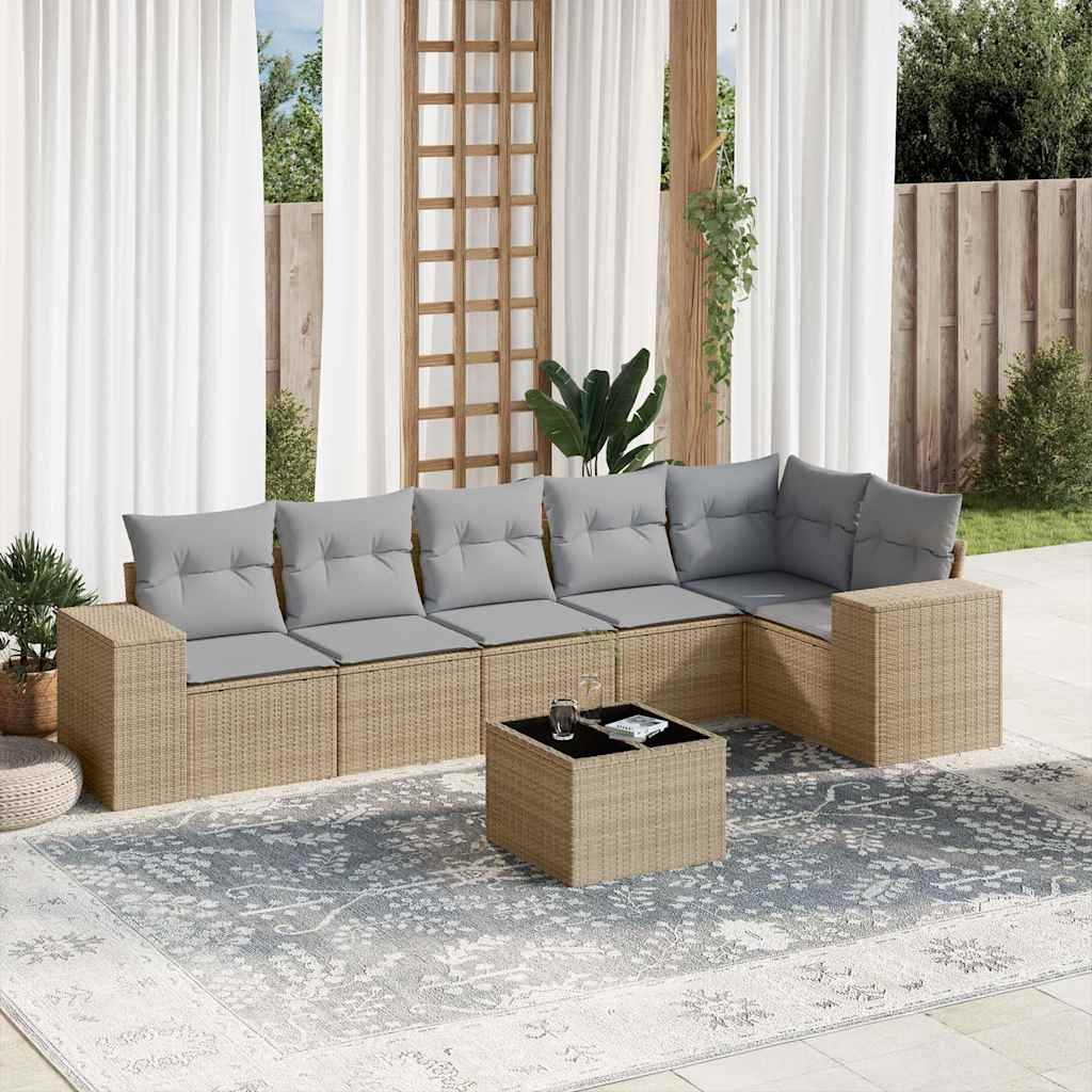 vidaXL 7 Piece Garden Sofa Set with Cushions Beige Poly Rattan
