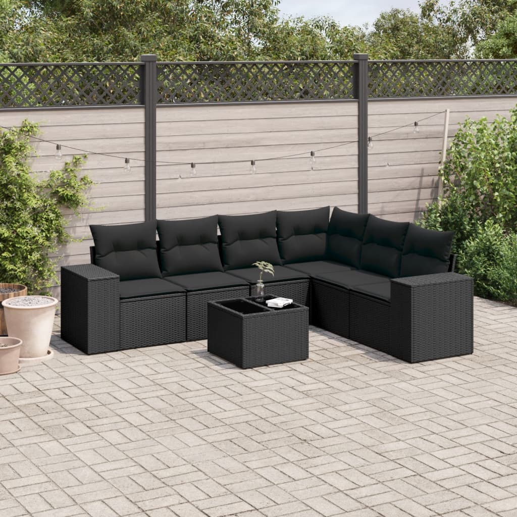 vidaXL 7 Piece Garden Sofa Set with Cushions Black Poly Rattan