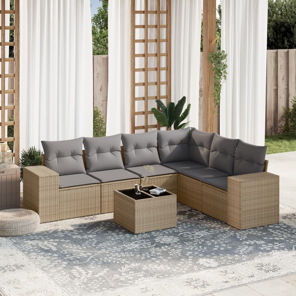 vidaXL 7 Piece Garden Sofa Set with Cushions Beige Poly Rattan