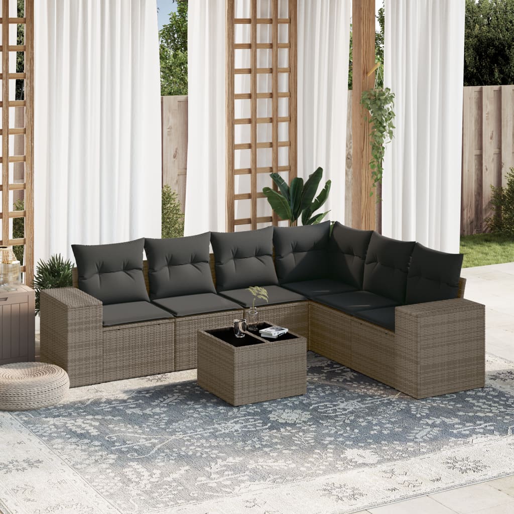 vidaXL 7 Piece Garden Sofa Set with Cushions Grey Poly Rattan