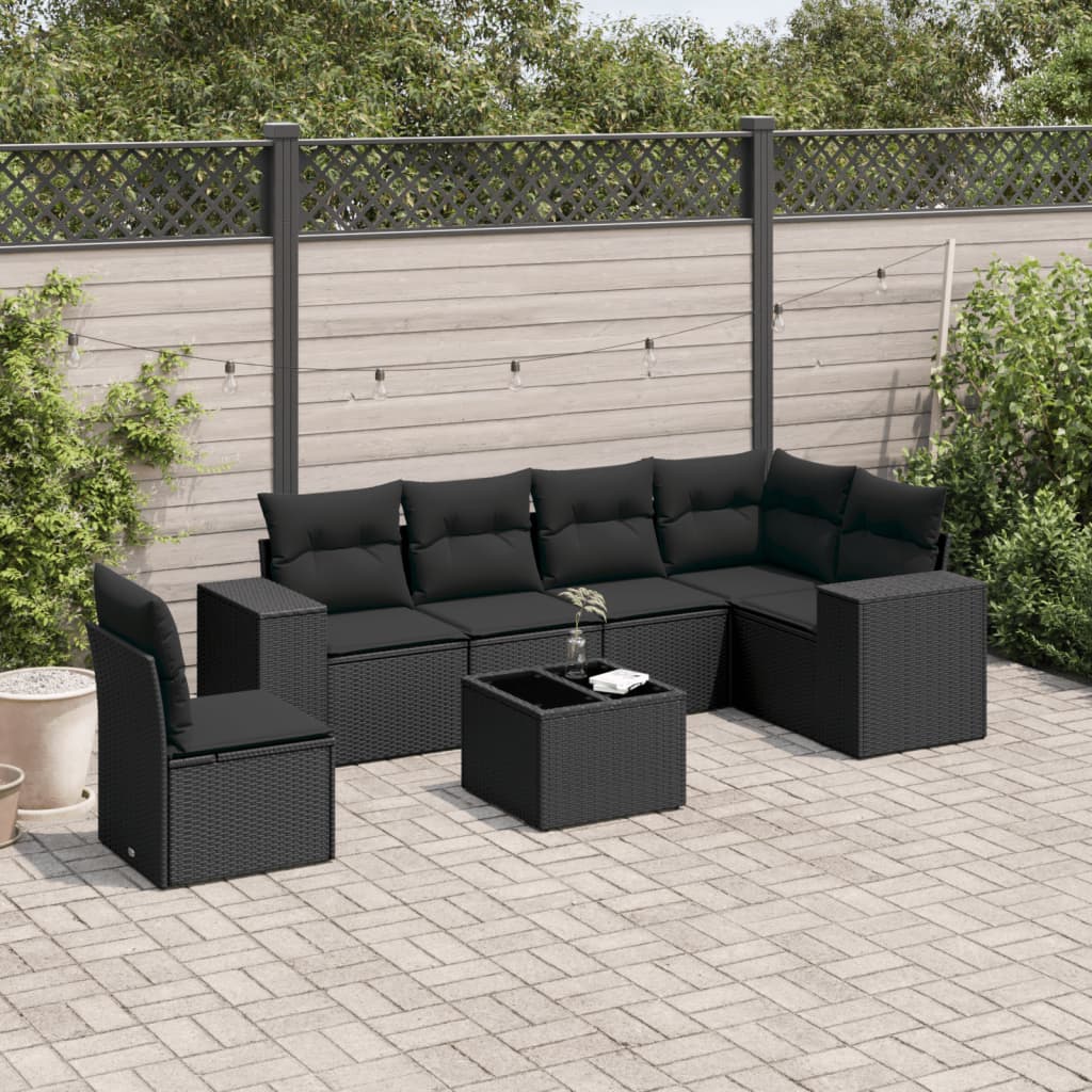 vidaXL 7 Piece Garden Sofa Set with Cushions Black Poly Rattan