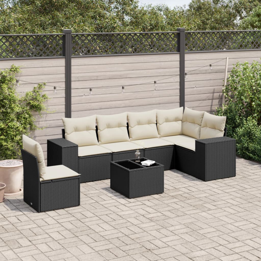 vidaXL 7 Piece Garden Sofa Set with Cushions Black Poly Rattan