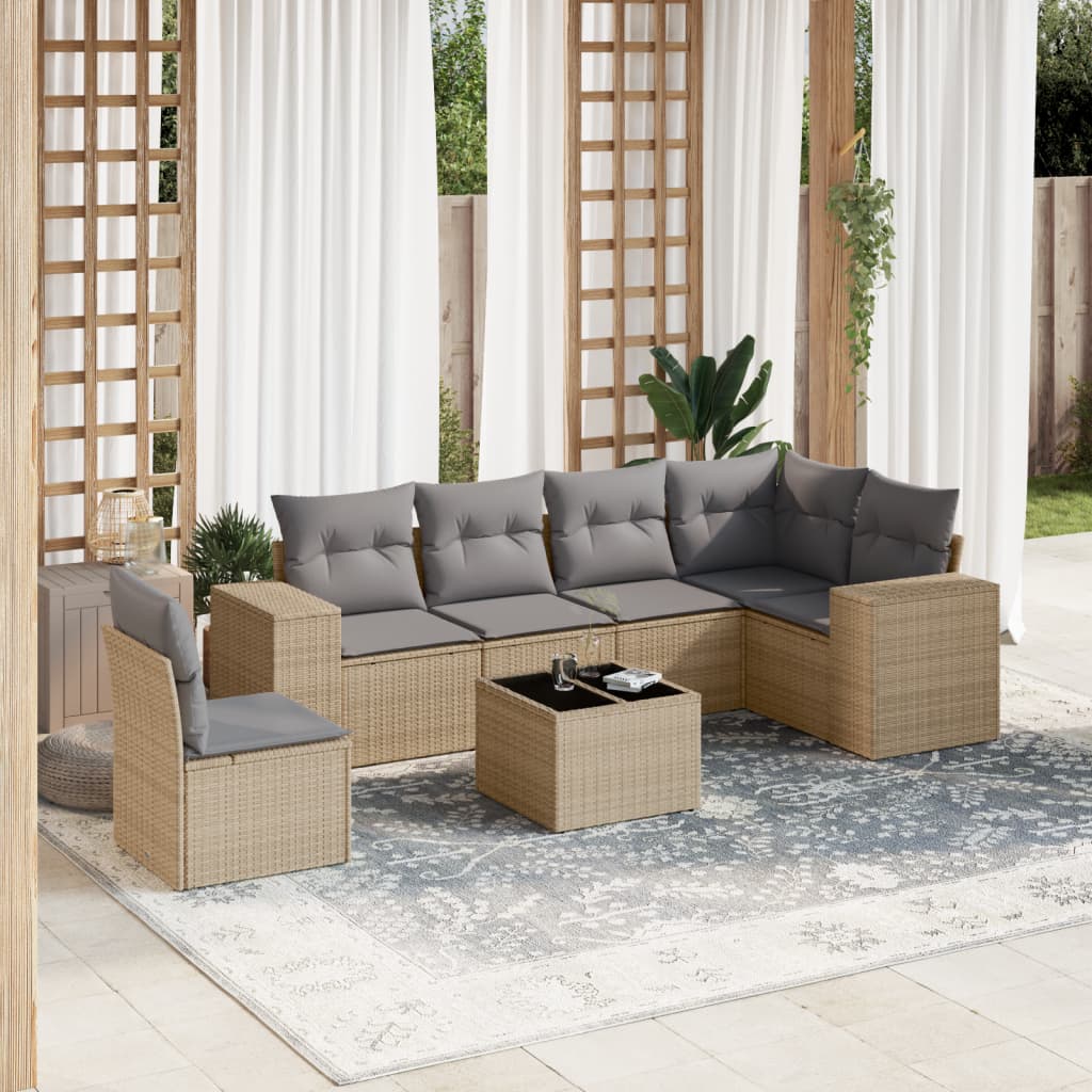 vidaXL 7 Piece Garden Sofa Set with Cushions Beige Poly Rattan