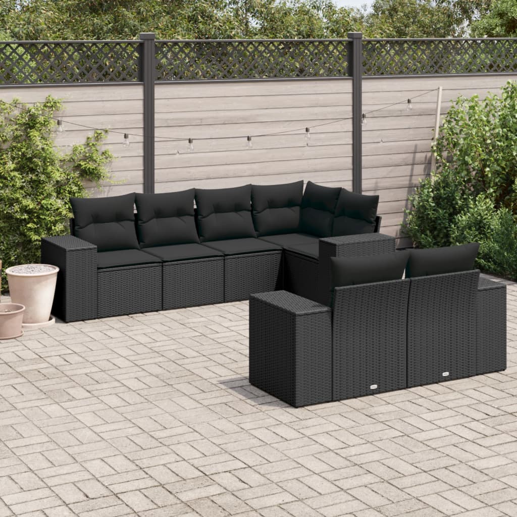 vidaXL 7 Piece Garden Sofa Set with Cushions Black Poly Rattan