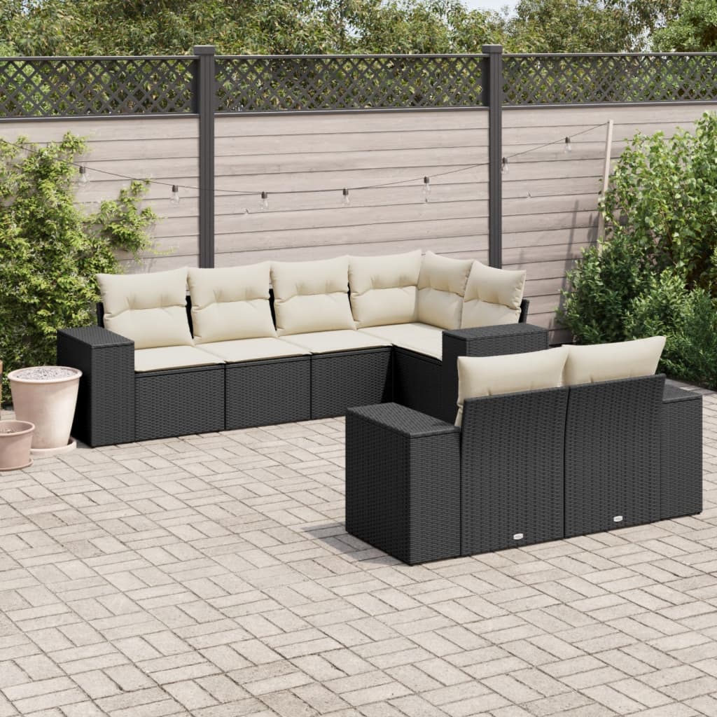 vidaXL 7 Piece Garden Sofa Set with Cushions Black Poly Rattan