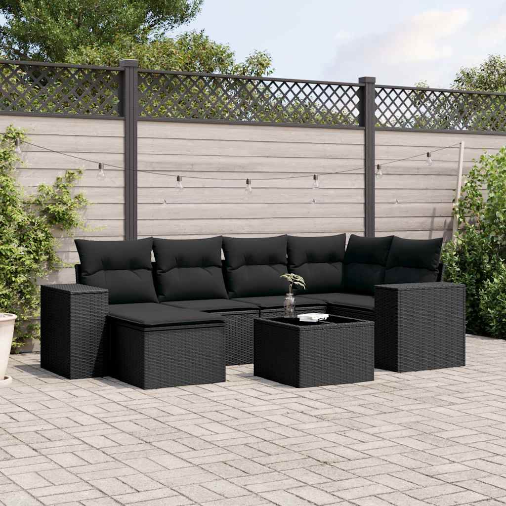 vidaXL 7 Piece Garden Sofa Set with Cushions Black Poly Rattan