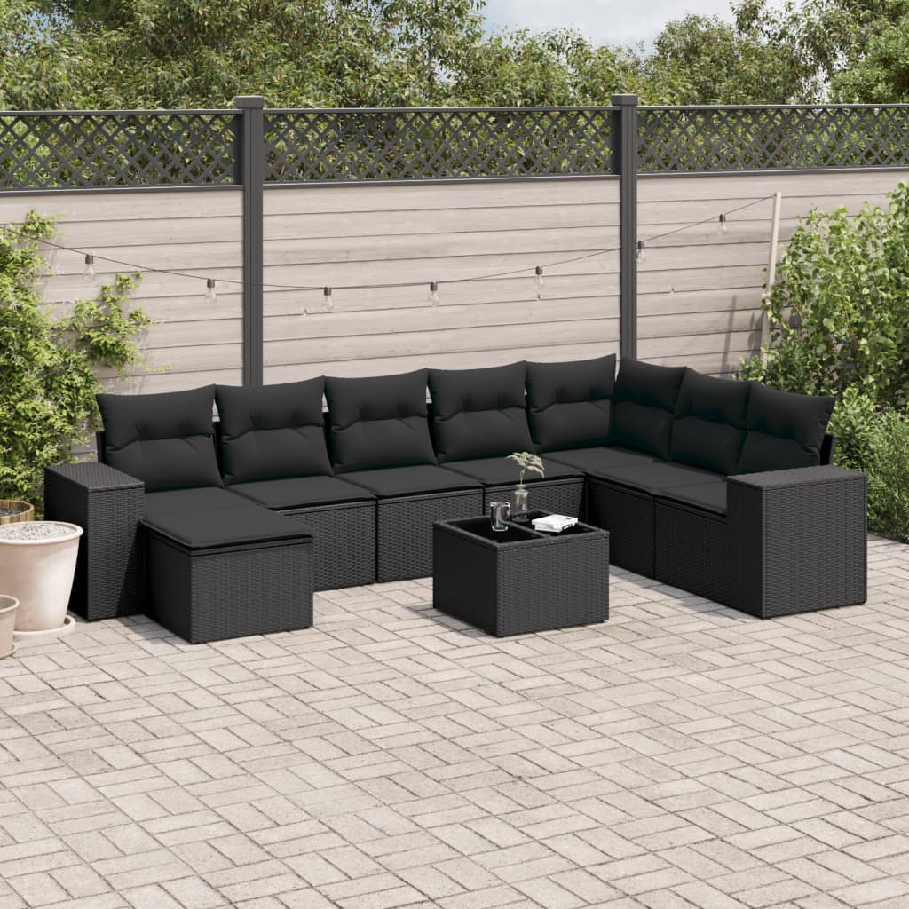 vidaXL 9 Piece Garden Sofa Set with Cushions Black Poly Rattan