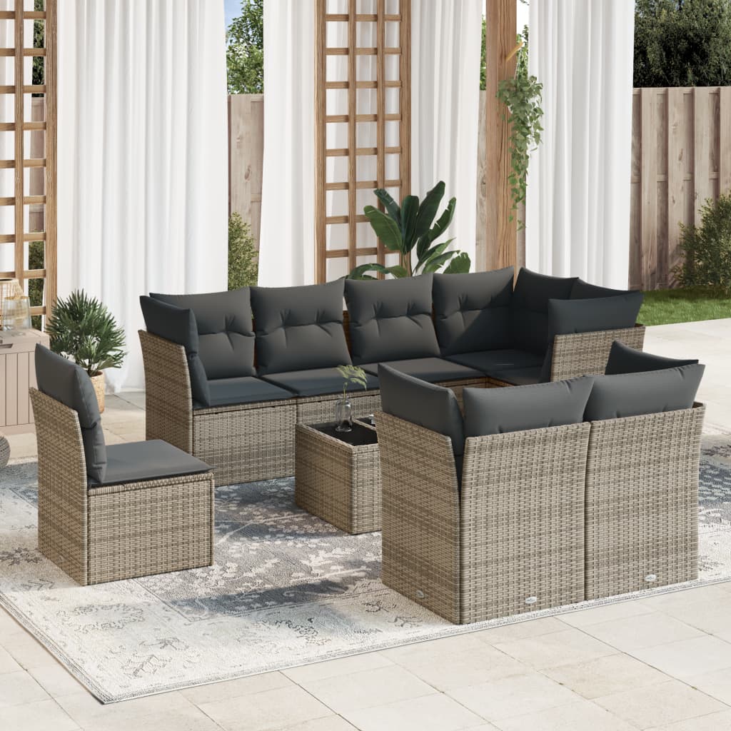 vidaXL 9 Piece Garden Sofa Set with Cushions Grey Poly Rattan