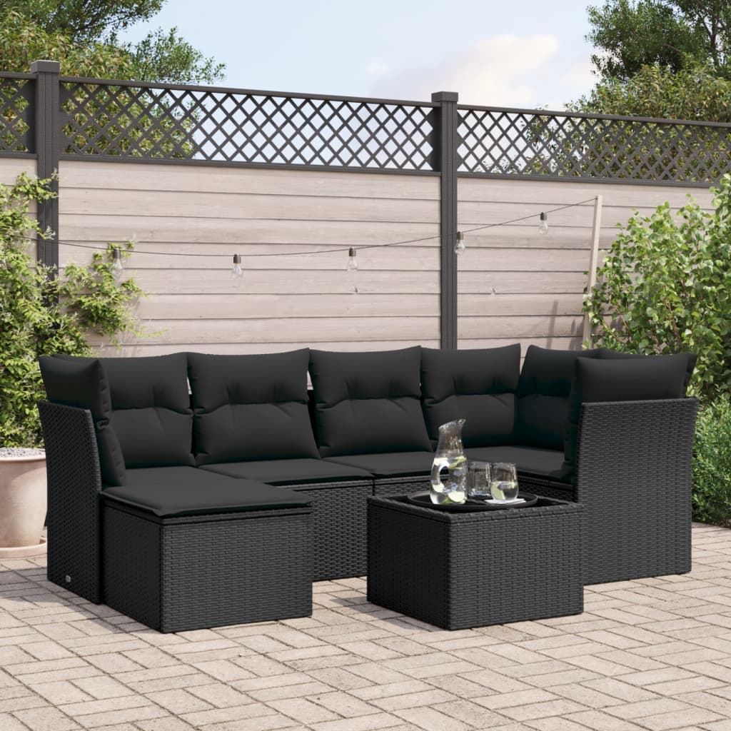 vidaXL 7 Piece Garden Sofa Set with Cushions Black Poly Rattan