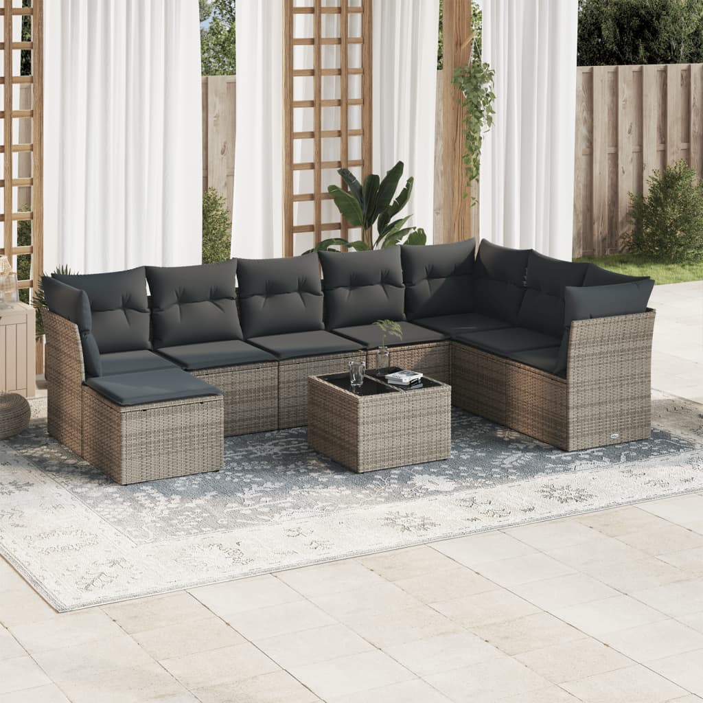 vidaXL 9 Piece Garden Sofa Set with Cushions Grey Poly Rattan