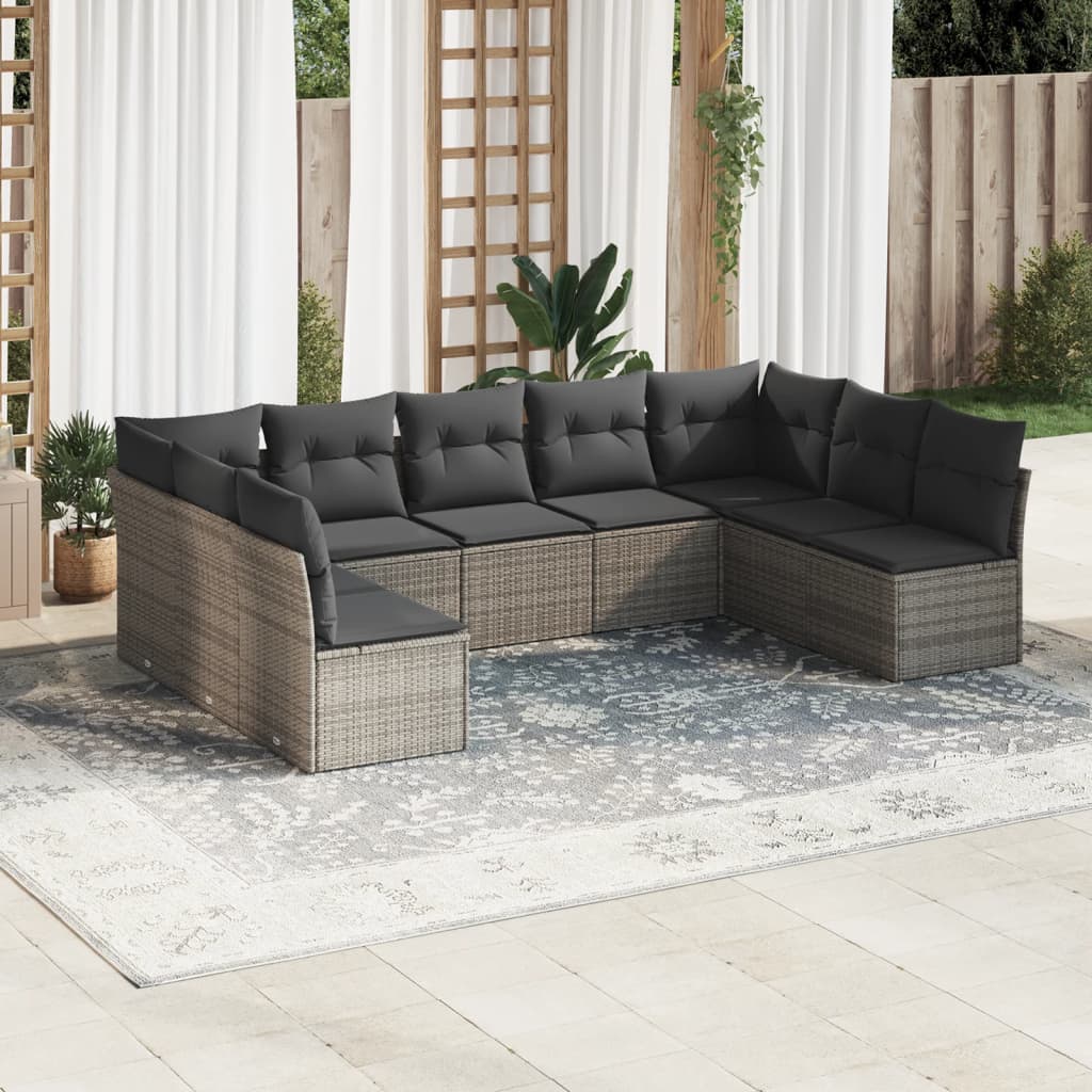 vidaXL 9 Piece Garden Sofa Set with Cushions Grey Poly Rattan