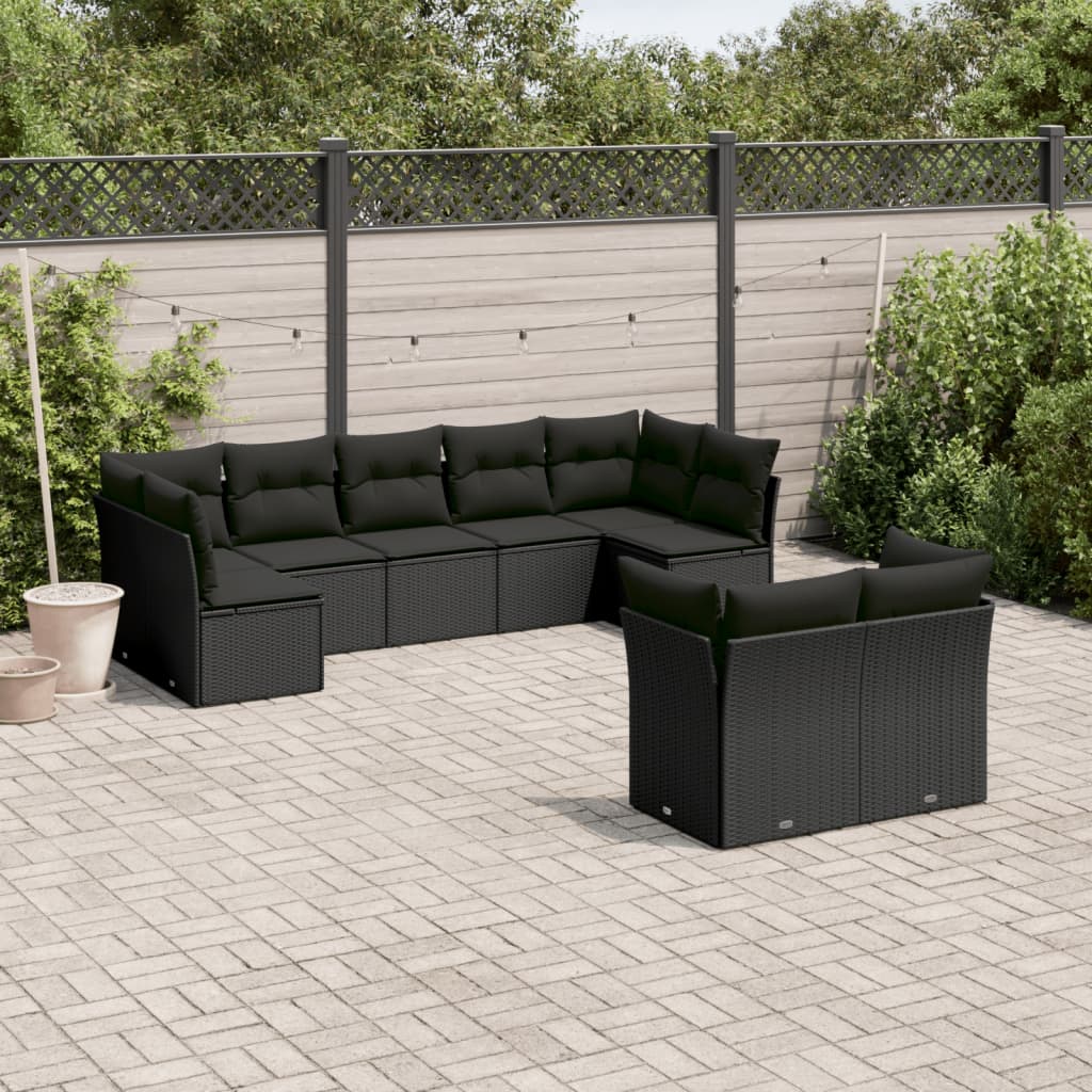 vidaXL 9 Piece Garden Sofa Set with Cushions Black Poly Rattan