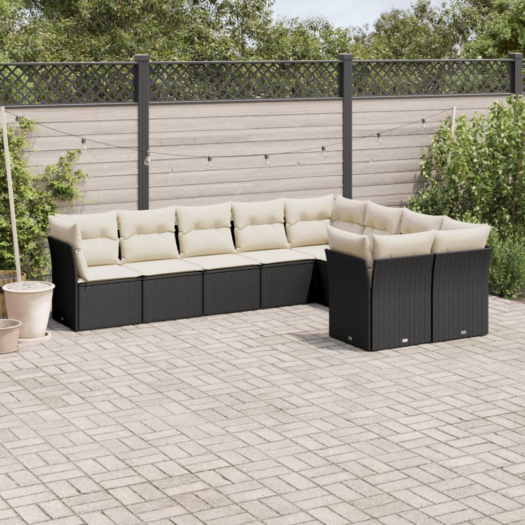 vidaXL 9 Piece Garden Sofa Set with Cushions Black Poly Rattan