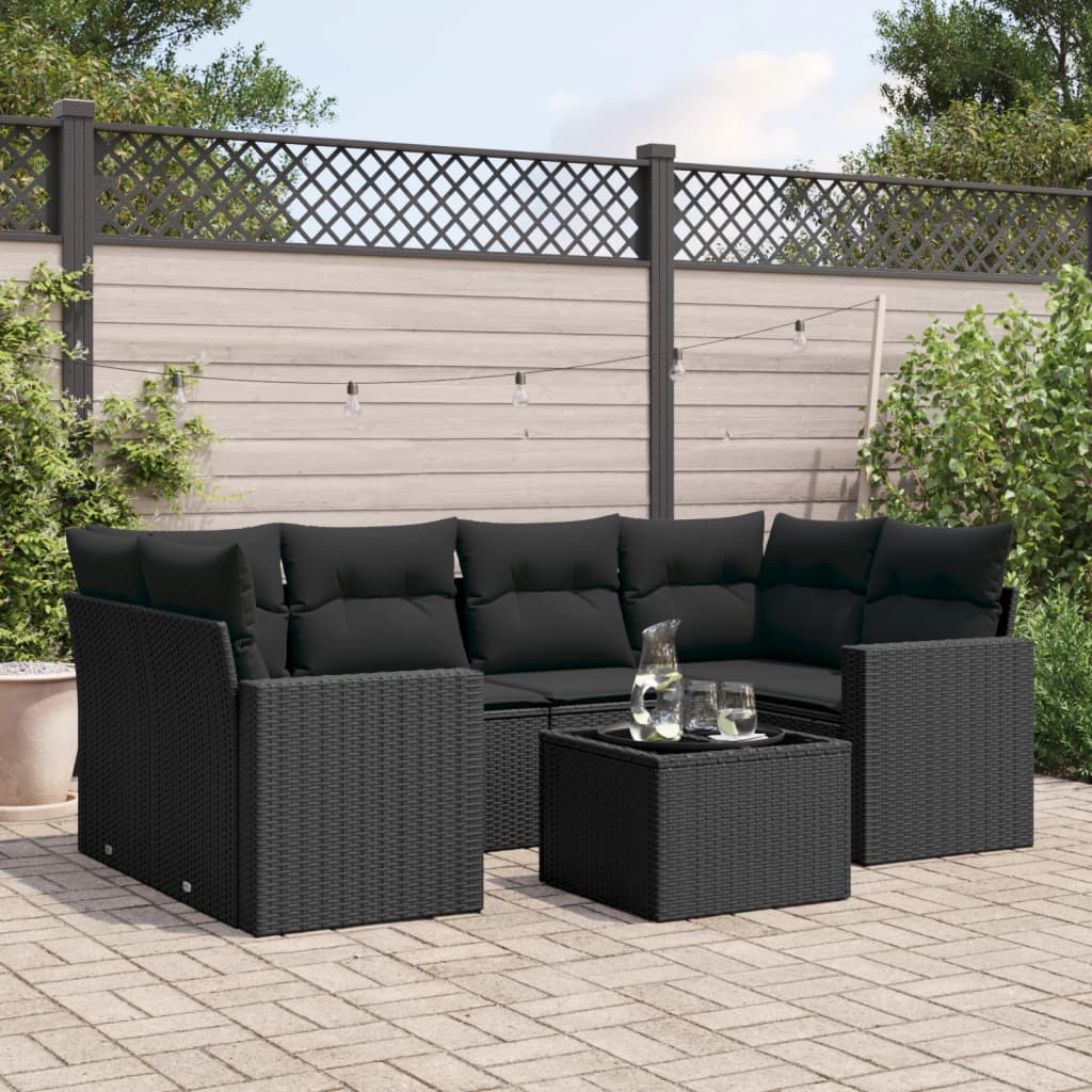 vidaXL 7 Piece Garden Sofa Set with Cushions Black Poly Rattan