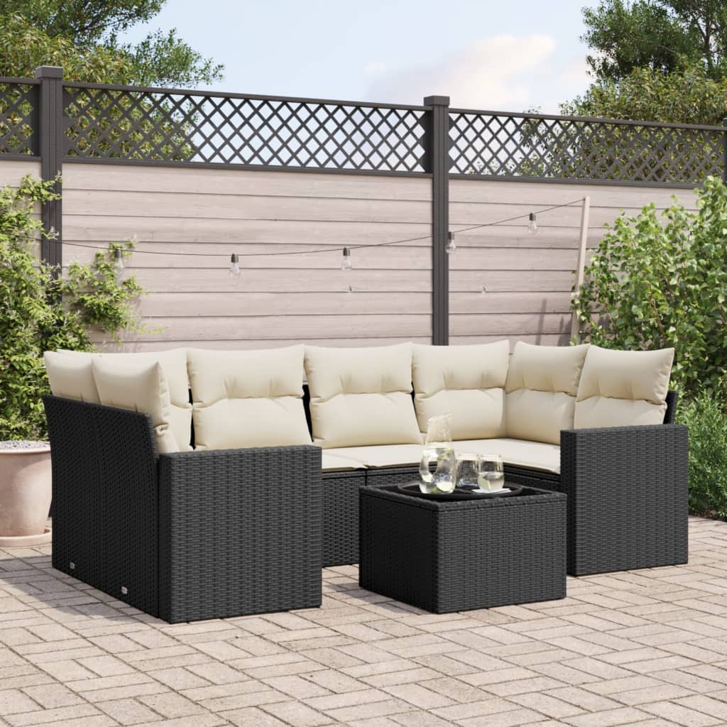 vidaXL 7 Piece Garden Sofa Set with Cushions Black Poly Rattan