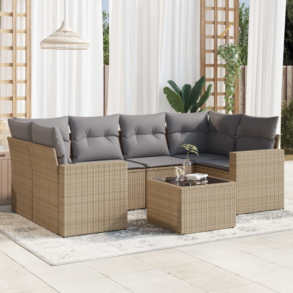 vidaXL 7 Piece Garden Sofa Set with Cushions Beige Poly Rattan