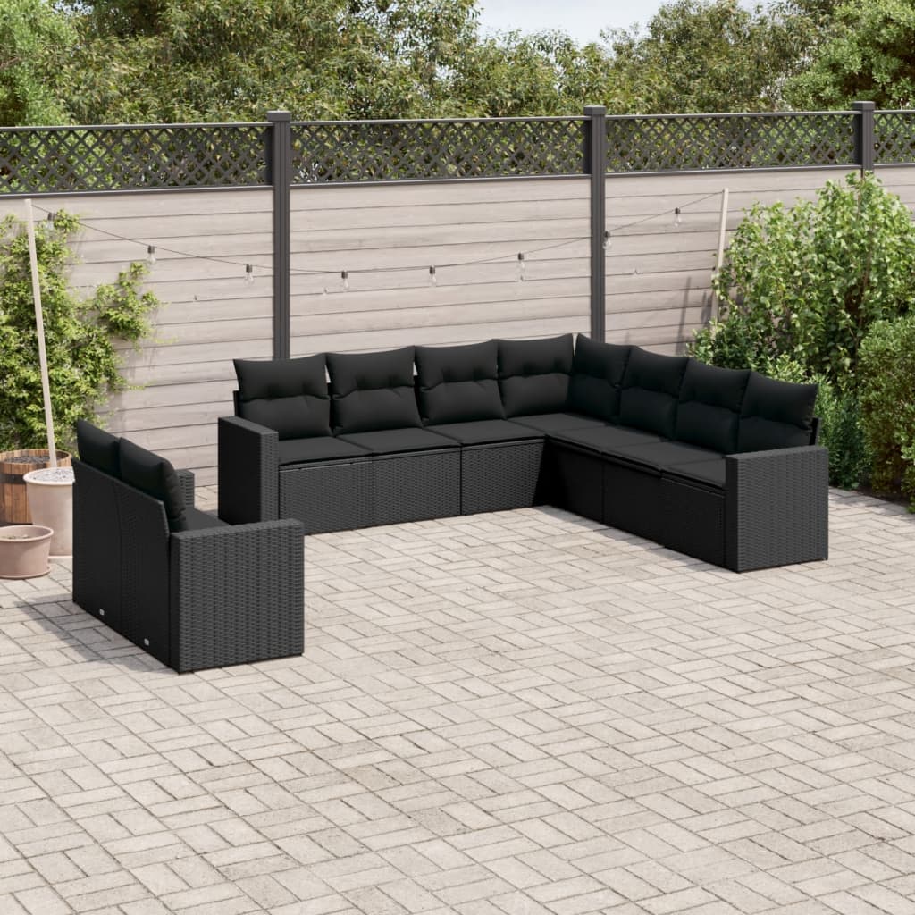 8721012977365_m_en_hd_1 vidaXL 9 Piece Garden Sofa Set with Cushions Black Poly Rattan - Image 1