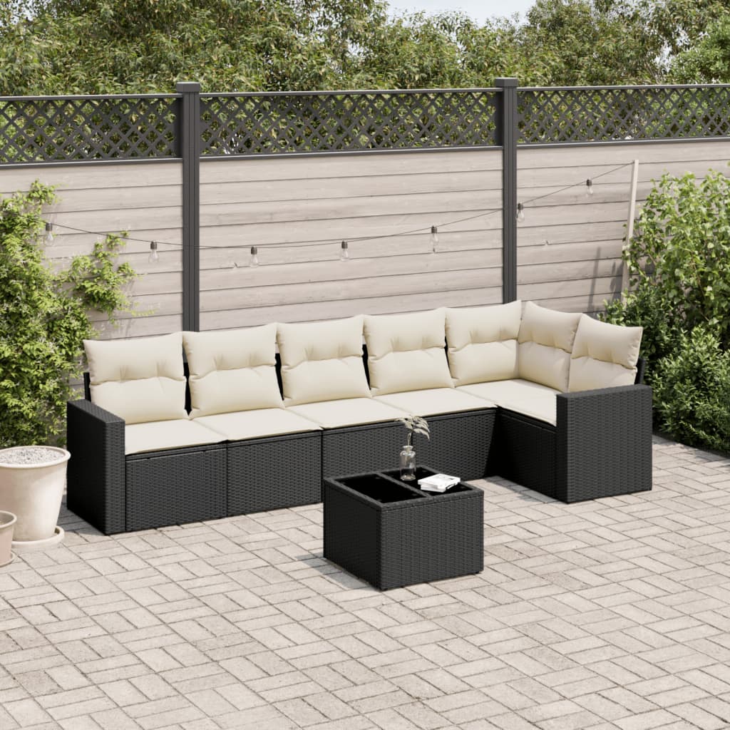 vidaXL 7 Piece Garden Sofa Set with Cushions Black Poly Rattan