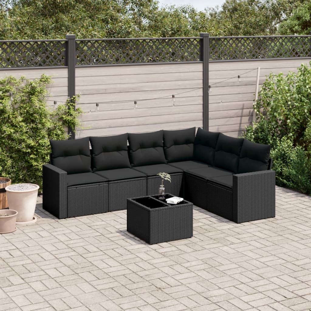 vidaXL 7 Piece Garden Sofa Set with Cushions Black Poly Rattan