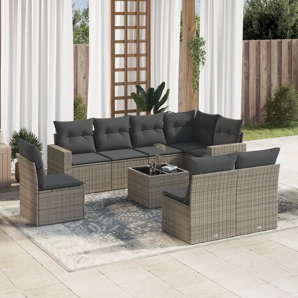 8721102303920_m_en_hd_1 vidaXL 9 Piece Garden Sofa Set with Cushions Grey Poly Rattan - Image 1