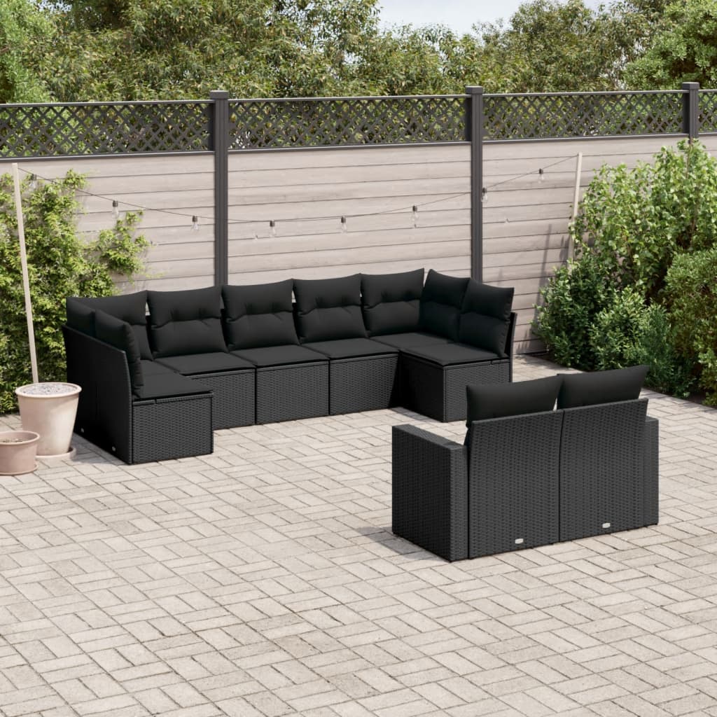 vidaXL 9 Piece Garden Sofa Set with Cushions Black Poly Rattan