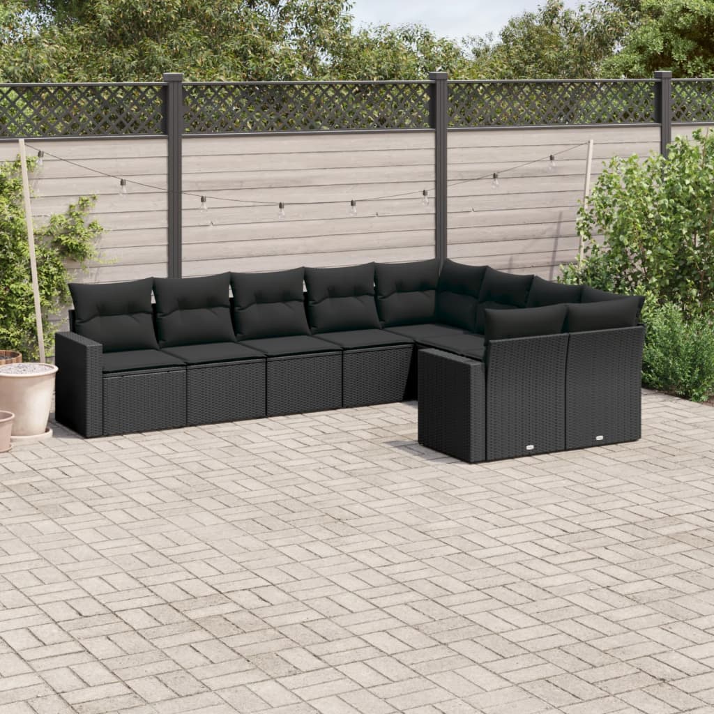vidaXL 9 Piece Garden Sofa Set with Cushions Black Poly Rattan
