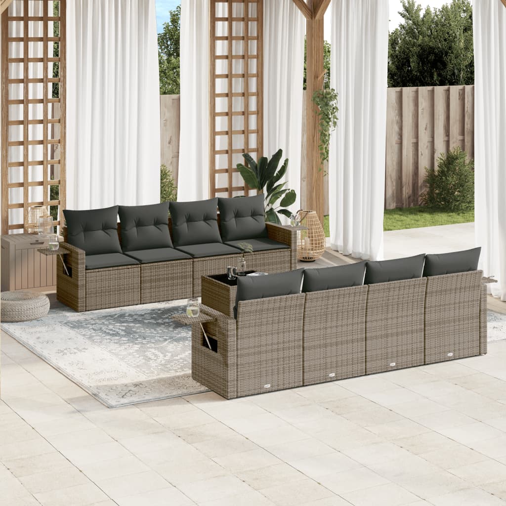 vidaXL 9 Piece Garden Sofa Set with Cushions Grey Poly Rattan