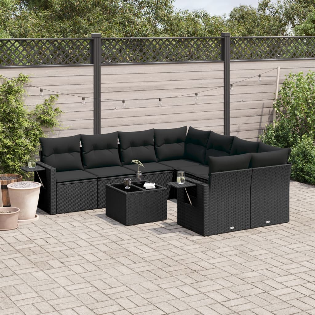 vidaXL 9 Piece Garden Sofa Set with Cushions Black Poly Rattan
