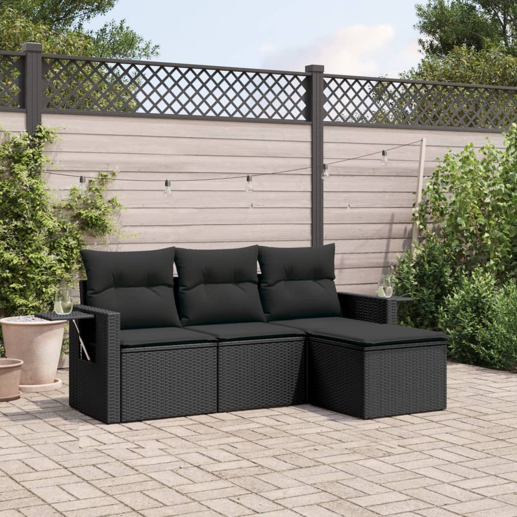 vidaXL 4 Piece Garden Sofa Set with Cushions Black Poly Rattan