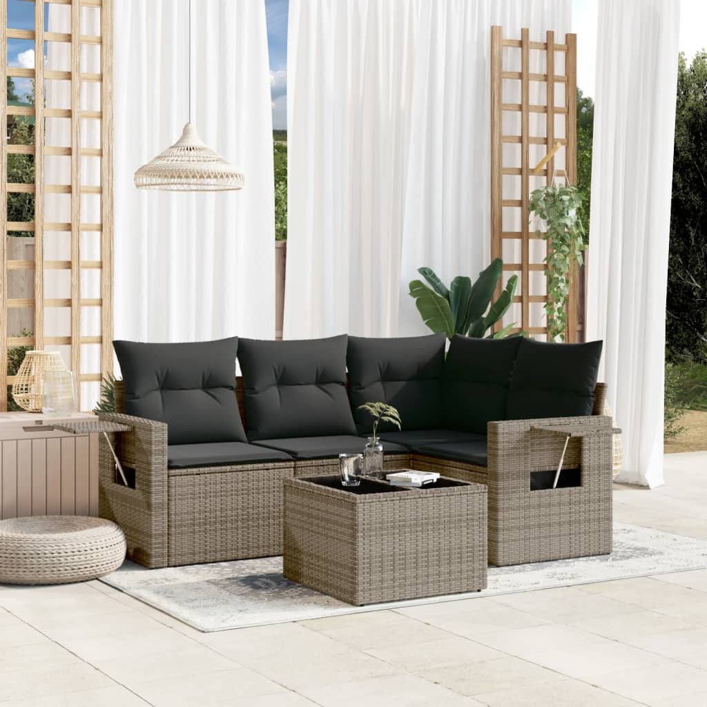 vidaXL 5 Piece Garden Sofa Set with Cushions Grey Poly Rattan
