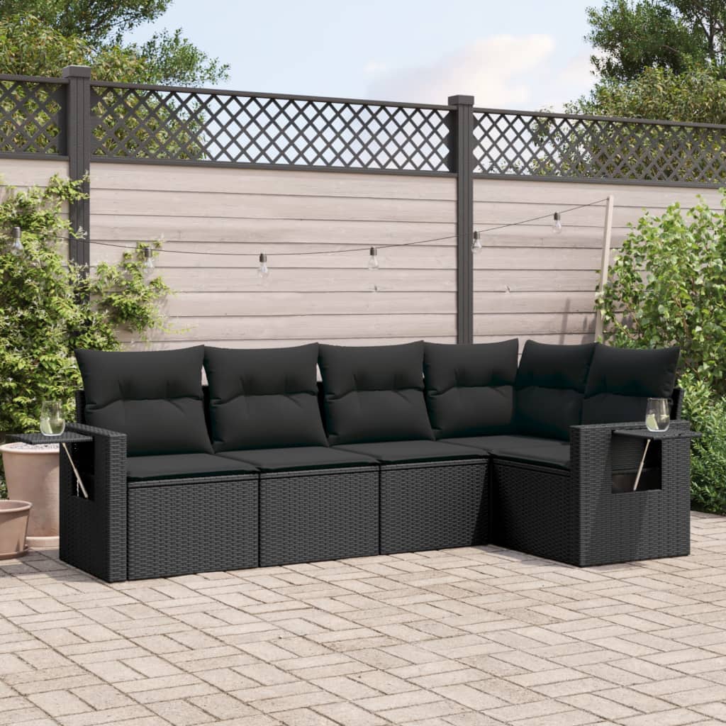 vidaXL 5 Piece Garden Sofa Set with Cushions Black Poly Rattan