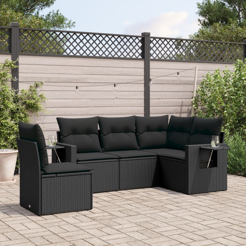 vidaXL 5 Piece Garden Sofa Set with Cushions Black Poly Rattan