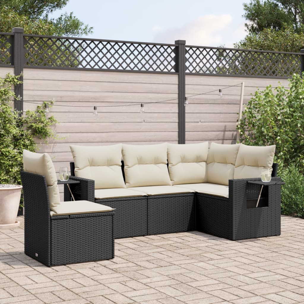 vidaXL 5 Piece Garden Sofa Set with Cushions Black Poly Rattan