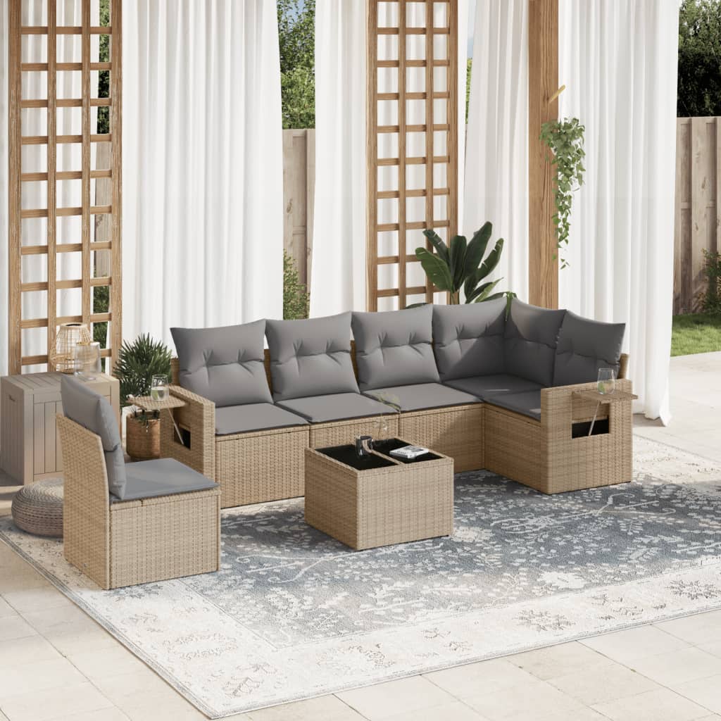 vidaXL 7 Piece Garden Sofa Set with Cushions Beige Poly Rattan