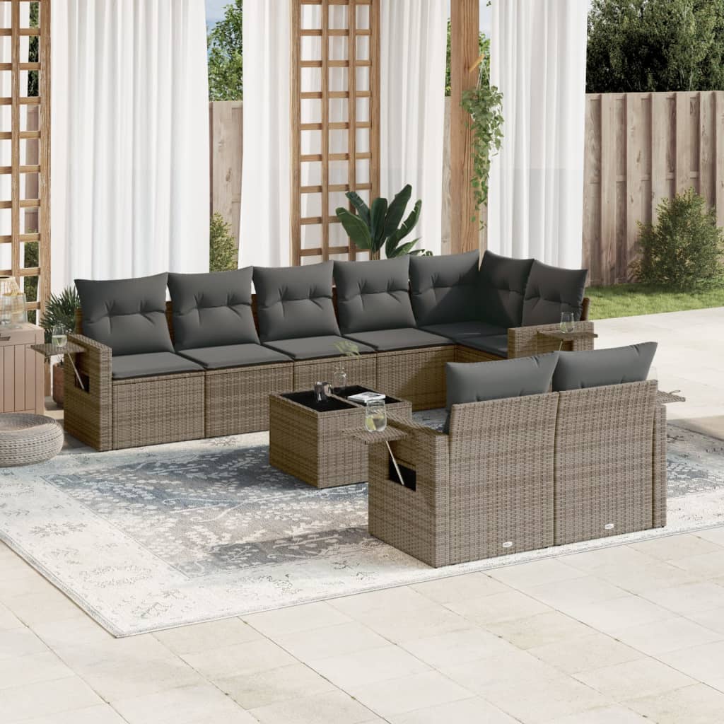 vidaXL 9 Piece Garden Sofa Set with Cushions Grey Poly Rattan